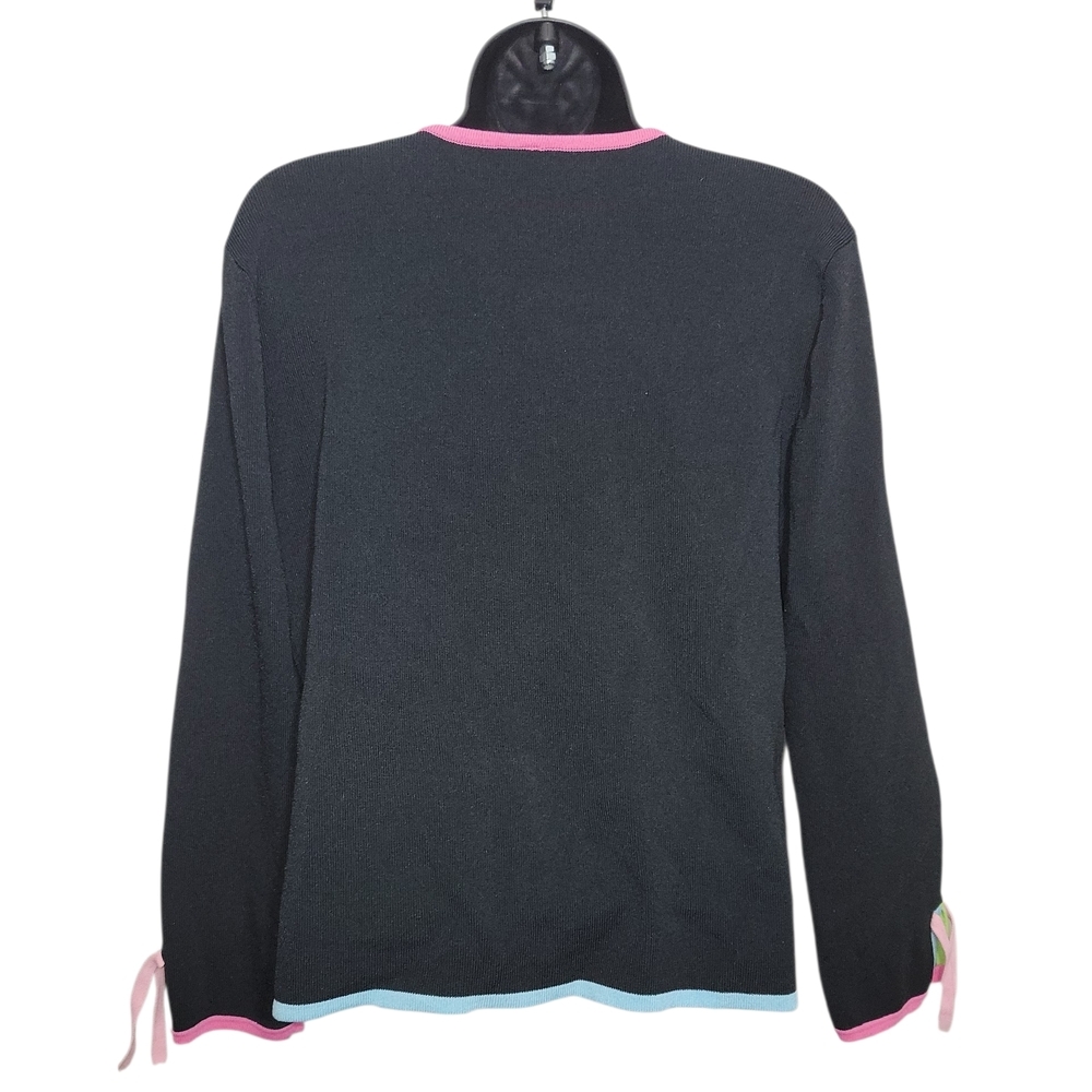 MTWT 9-5 Black Knit Cardigan Sweater with Pastel Neon Trim & Ribbon Tie Front M - Picture 2 of 3